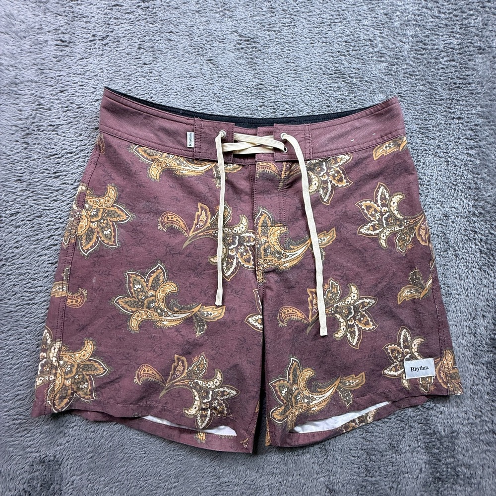 Rhythm Board Shorts Swim Trunks Mens 30 Drawstring Paisley Floral Burgundy